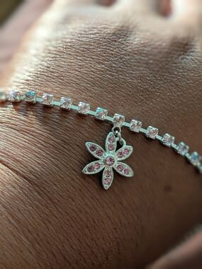 Pink Rhinestone & Flower Charm Bracelet Signed AVON,